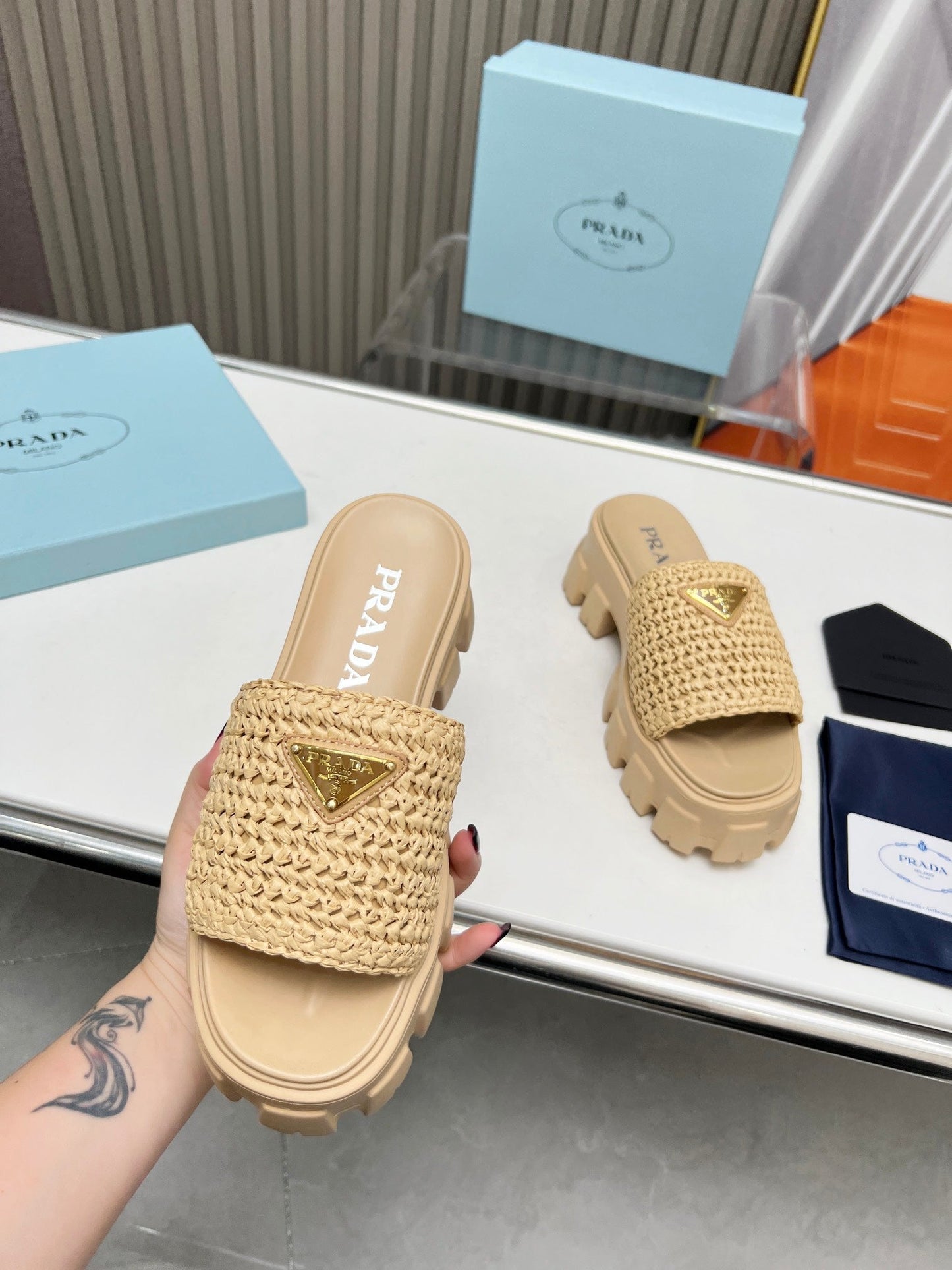 PRA THICK-SOLED CROCHET SANDALS BEIGE WOVEN FABRIC - 35