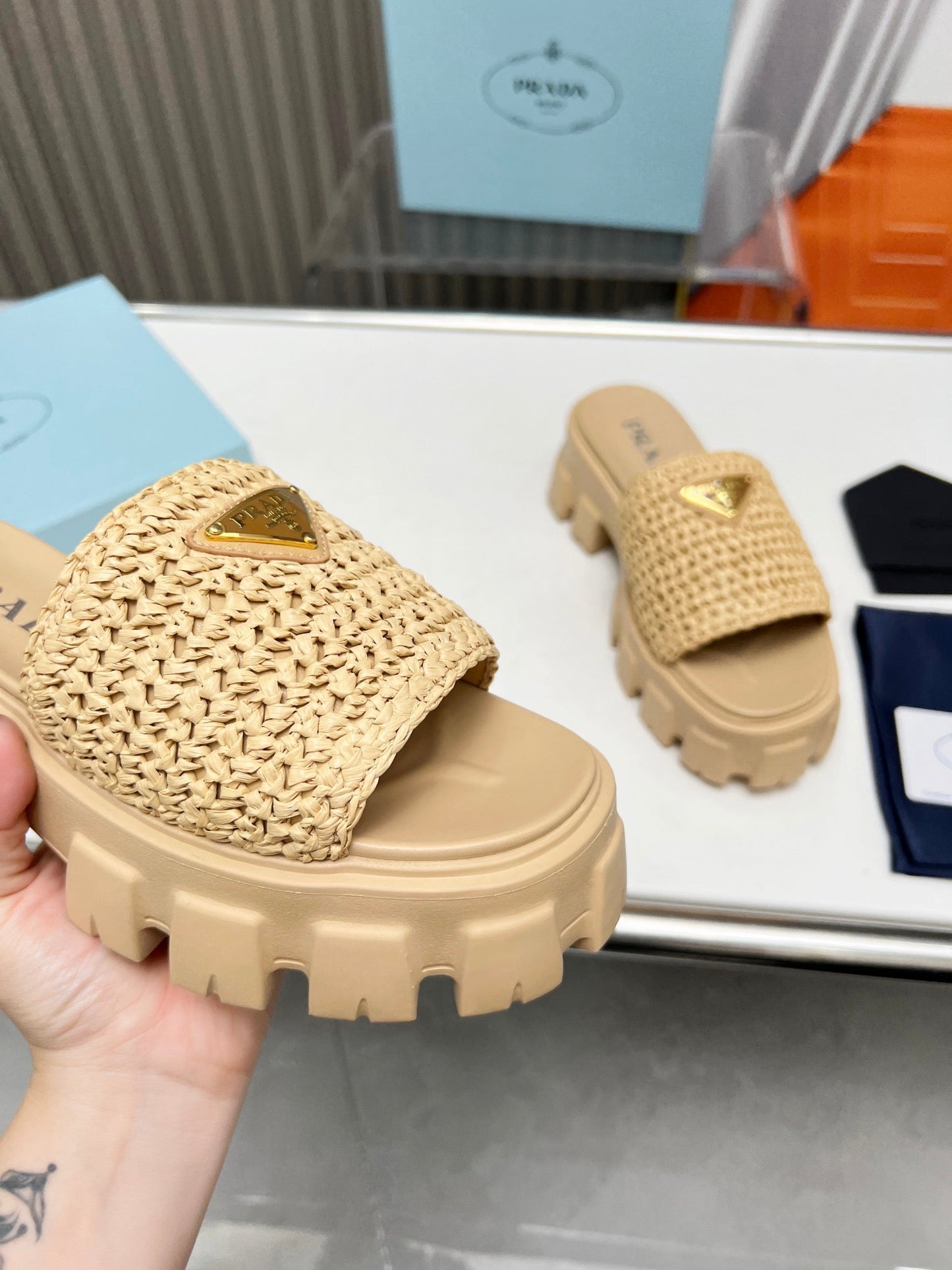 PRA THICK-SOLED CROCHET SANDALS BEIGE WOVEN FABRIC - 35