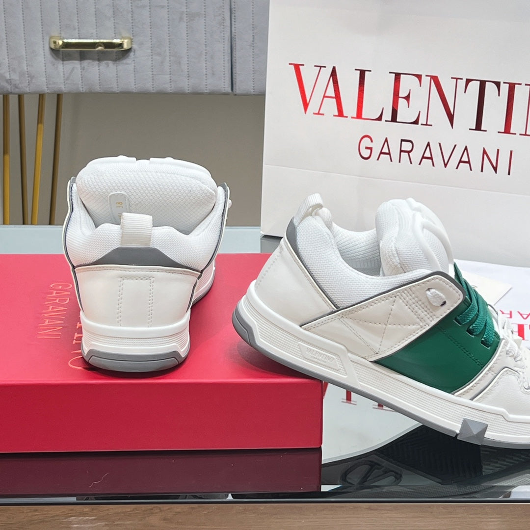 VALENTINO 25S GARAVANI OPEN SKATE SNEAKERS IN WHITE MIX GREEN LAMBSKIN STYLE 13 - 35
