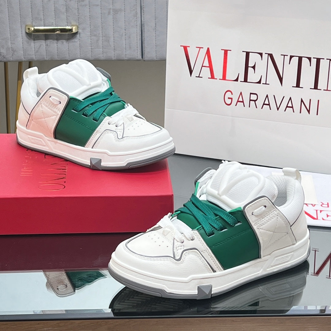 VALENTINO 25S GARAVANI OPEN SKATE SNEAKERS IN WHITE MIX GREEN LAMBSKIN STYLE 13 - 35