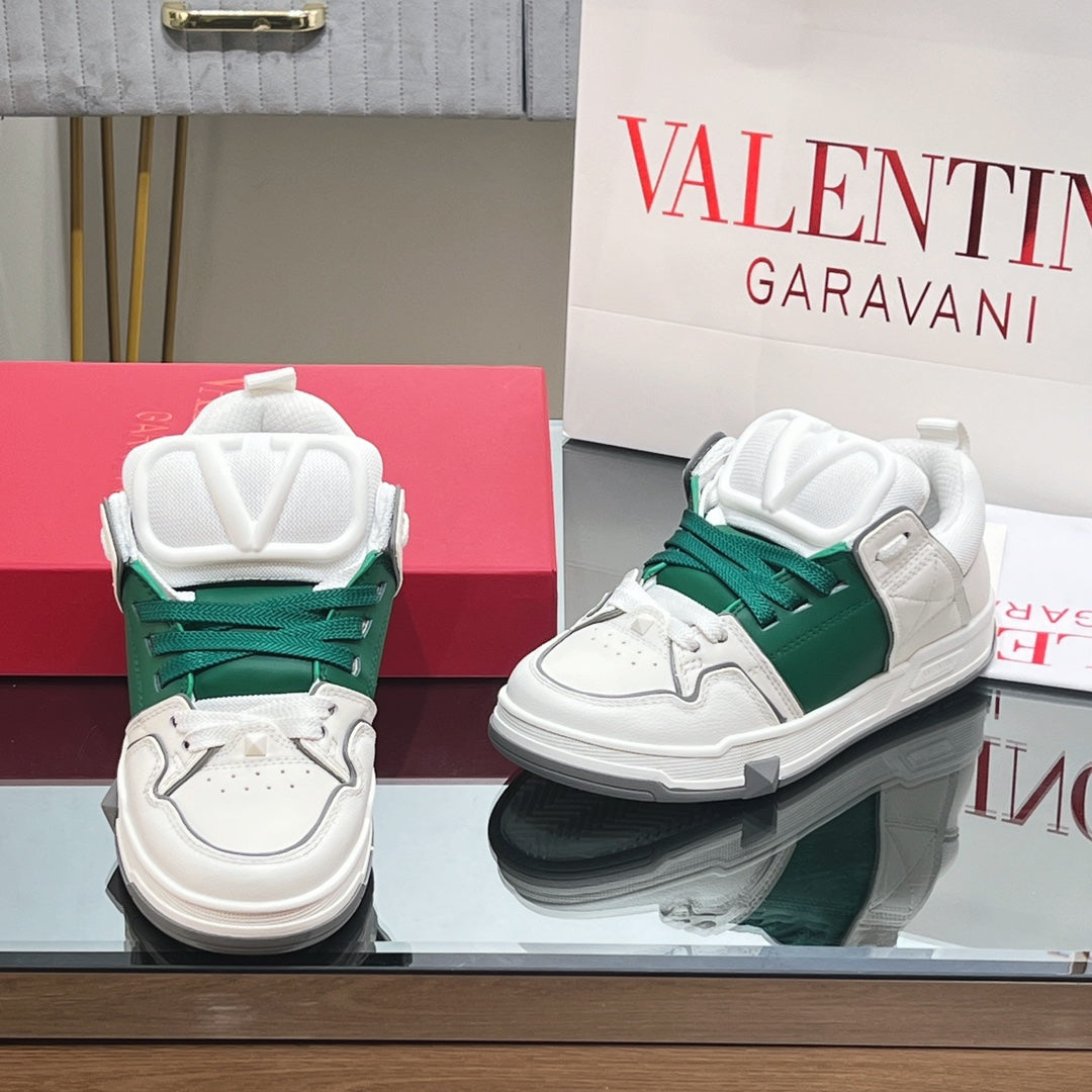 VALENTINO 25S GARAVANI OPEN SKATE SNEAKERS IN WHITE MIX GREEN LAMBSKIN STYLE 13 - 35