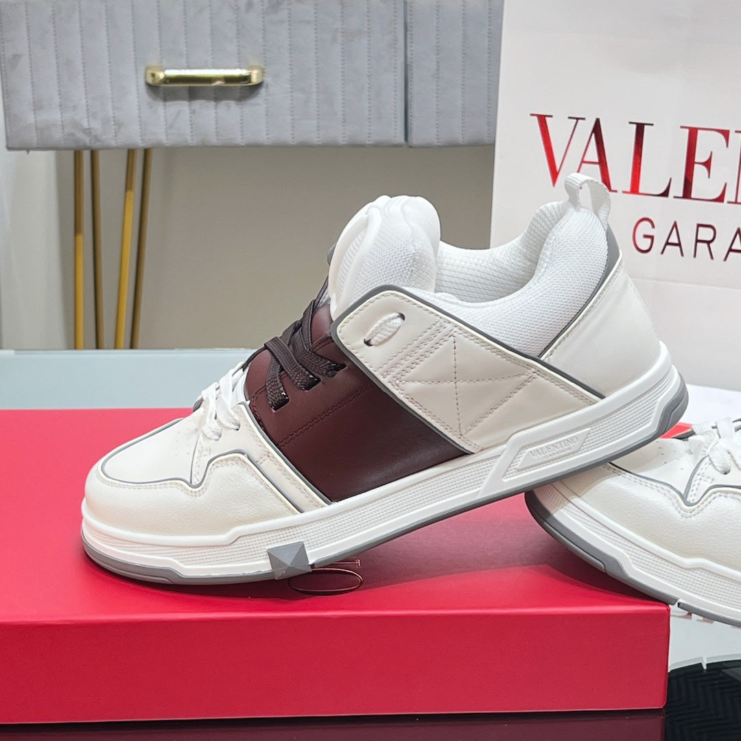 VALENTINO 25S GARAVANI OPEN SKATE SNEAKERS IN WHITE MIX BROWN LAMBSKIN STYLE 15 - 35