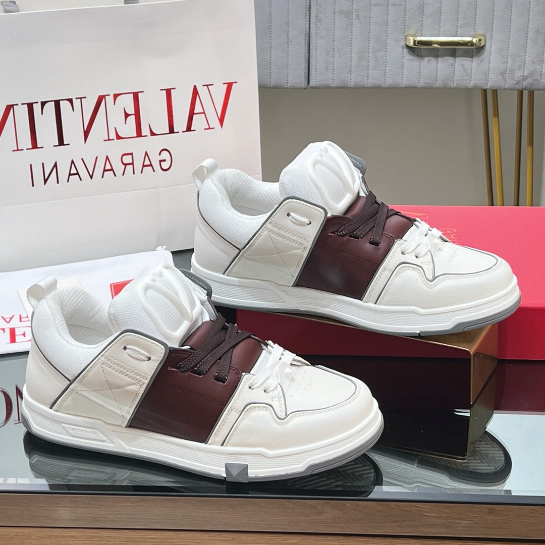 VALENTINO 25S GARAVANI OPEN SKATE SNEAKERS IN WHITE MIX BROWN LAMBSKIN STYLE 15 - 35