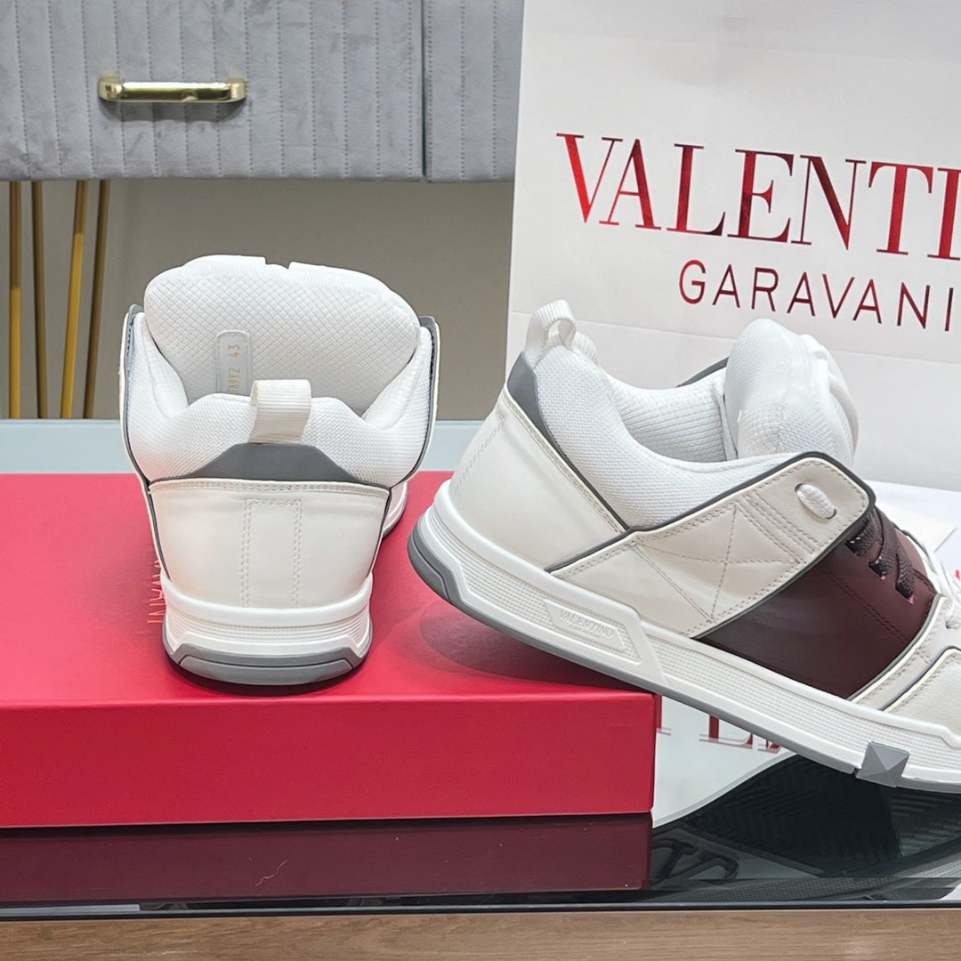 VALENTINO 25S GARAVANI OPEN SKATE SNEAKERS IN WHITE MIX BROWN LAMBSKIN STYLE 15 - 35