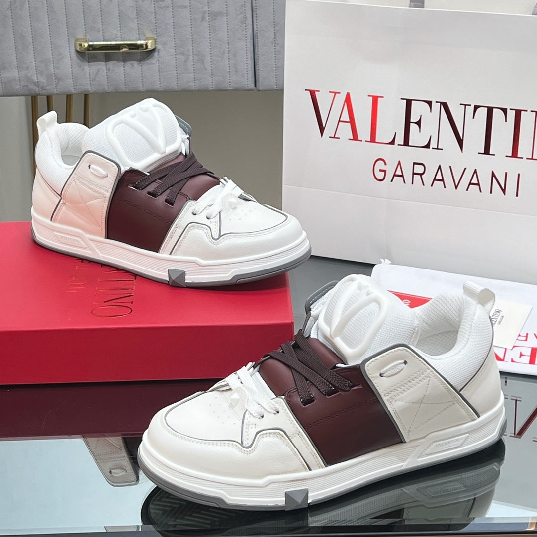 VALENTINO 25S GARAVANI OPEN SKATE SNEAKERS IN WHITE MIX BROWN LAMBSKIN STYLE 15 - 35