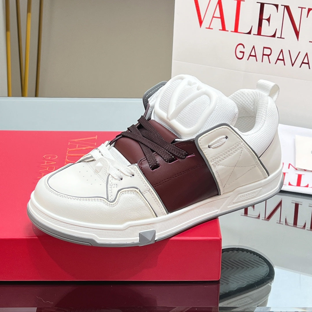VALENTINO 25S GARAVANI OPEN SKATE SNEAKERS IN WHITE MIX BROWN LAMBSKIN STYLE 15 - 35