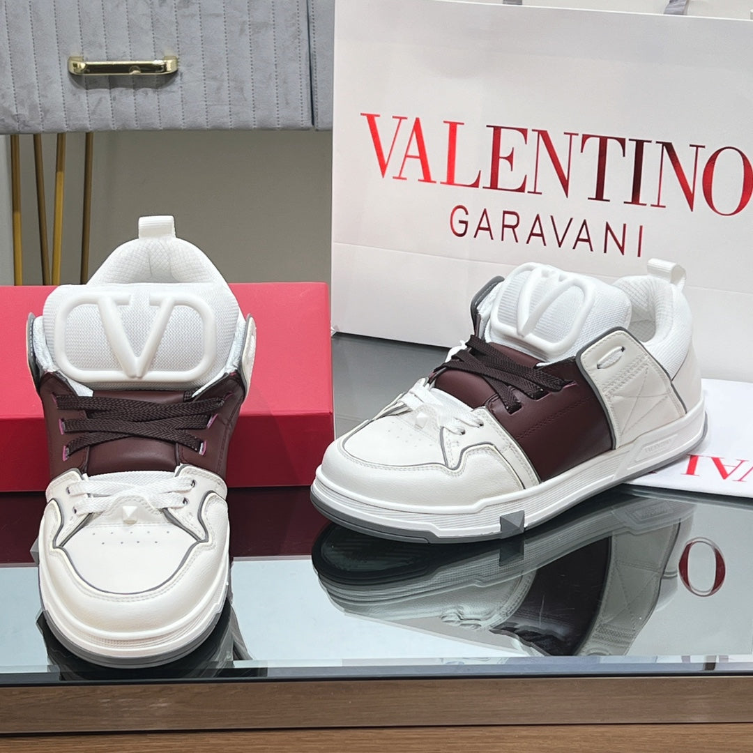 VALENTINO 25S GARAVANI OPEN SKATE SNEAKERS IN WHITE MIX BROWN LAMBSKIN STYLE 15 - 35