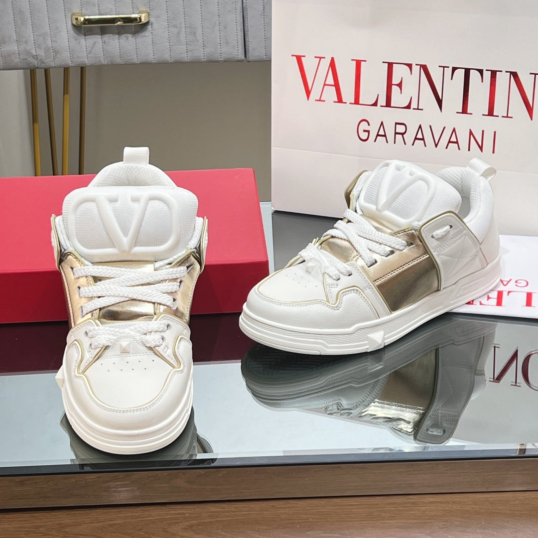VALENTINO 25S GARAVANI OPEN SKATE SNEAKERS IN WHITE MIX GOLD LAMBSKIN STYLE 14 - 35