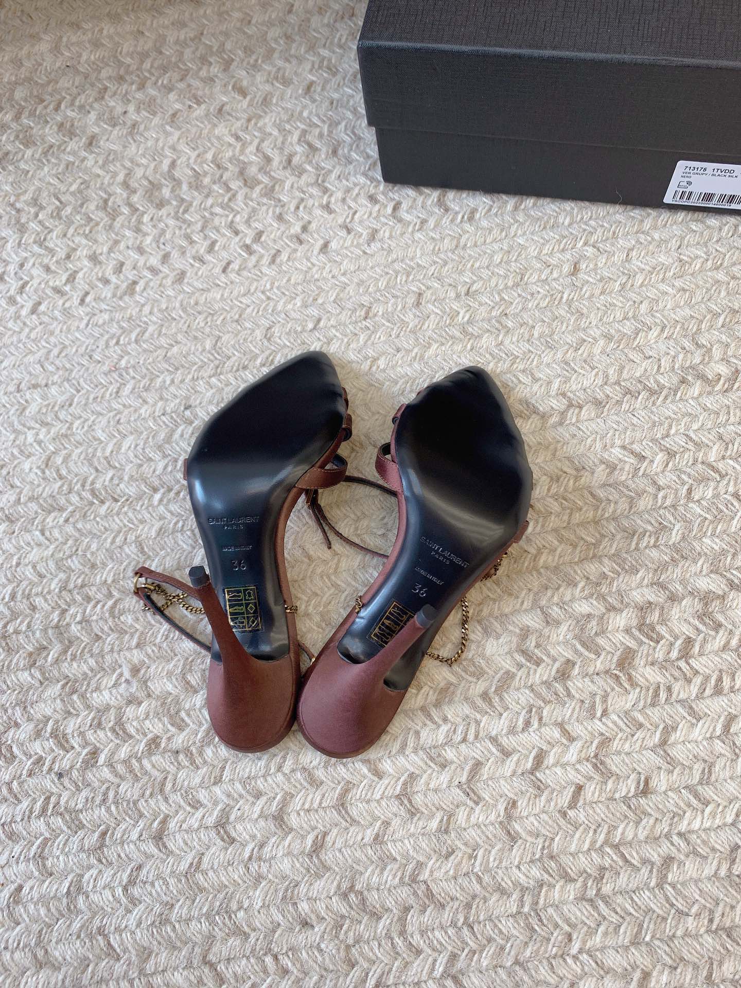CROSS STRAP HIGH HEEL IN CHESTNUT SILK GOLD CHAIN - 34