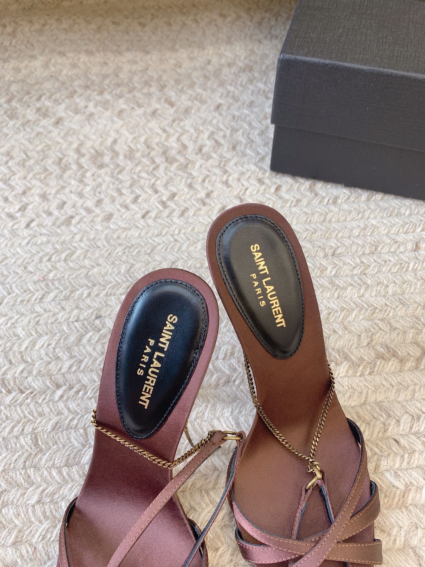CROSS STRAP HIGH HEEL IN CHESTNUT SILK GOLD CHAIN - 34