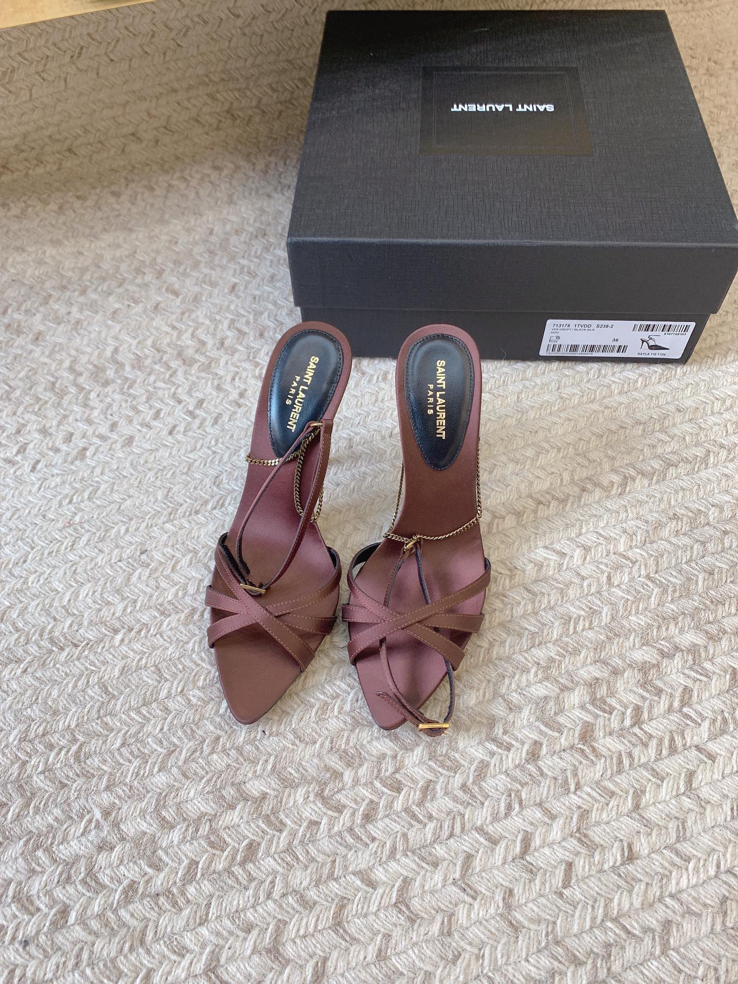 CROSS STRAP HIGH HEEL IN CHESTNUT SILK GOLD CHAIN - 34
