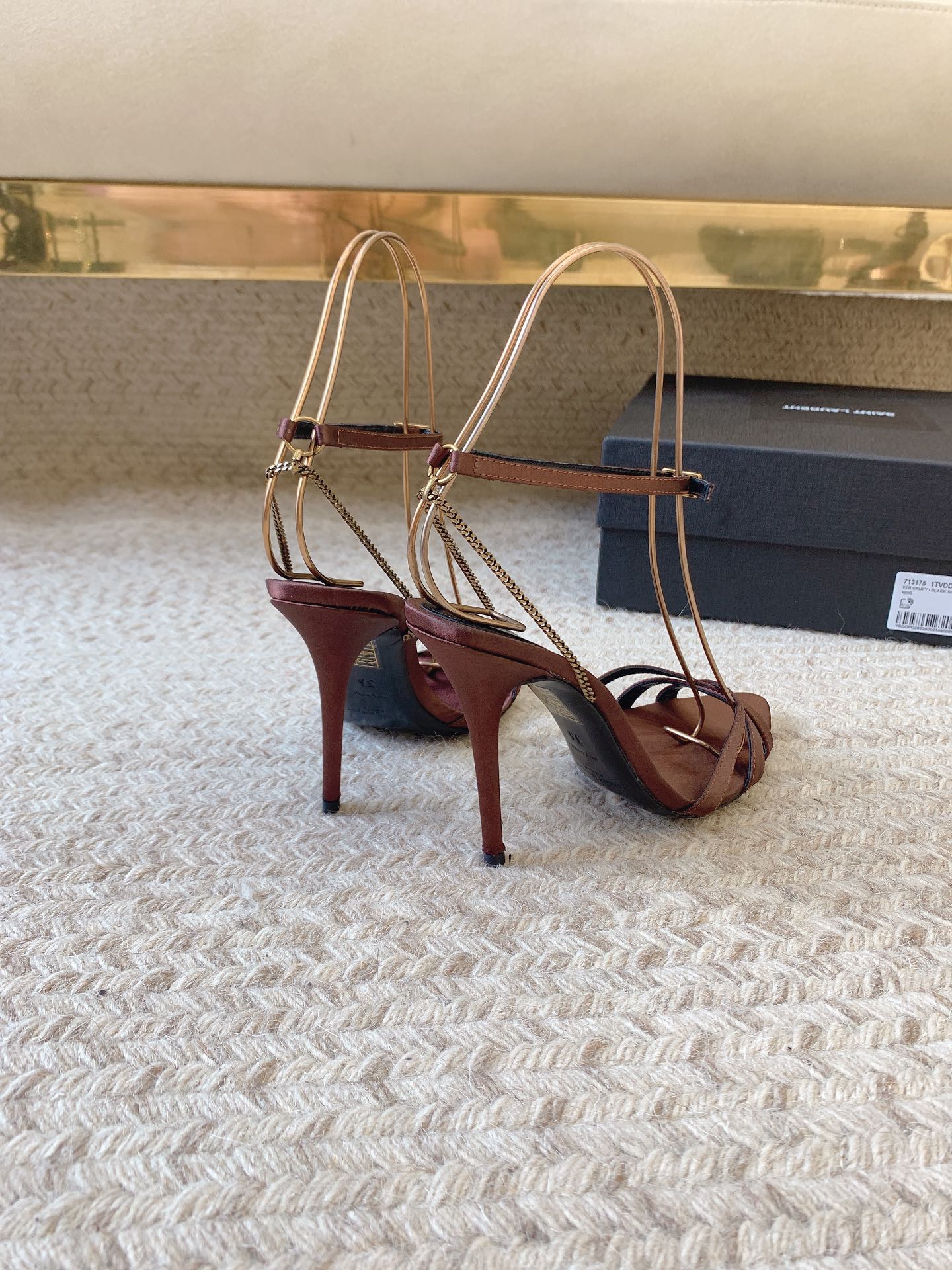 CROSS STRAP HIGH HEEL IN CHESTNUT SILK GOLD CHAIN - 34