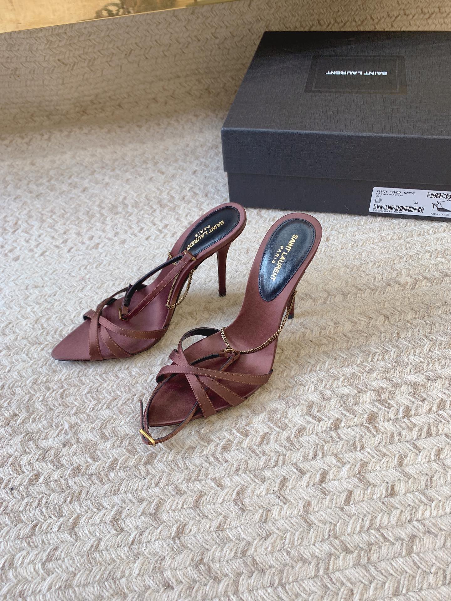 CROSS STRAP HIGH HEEL IN CHESTNUT SILK GOLD CHAIN - 34