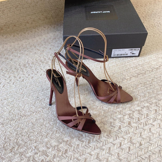 CROSS STRAP HIGH HEEL IN CHESTNUT SILK GOLD CHAIN - 34