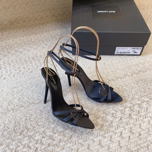 CROSS STRAP HIGH HEEL IN BLACK SILK GOLD CHAIN - 34