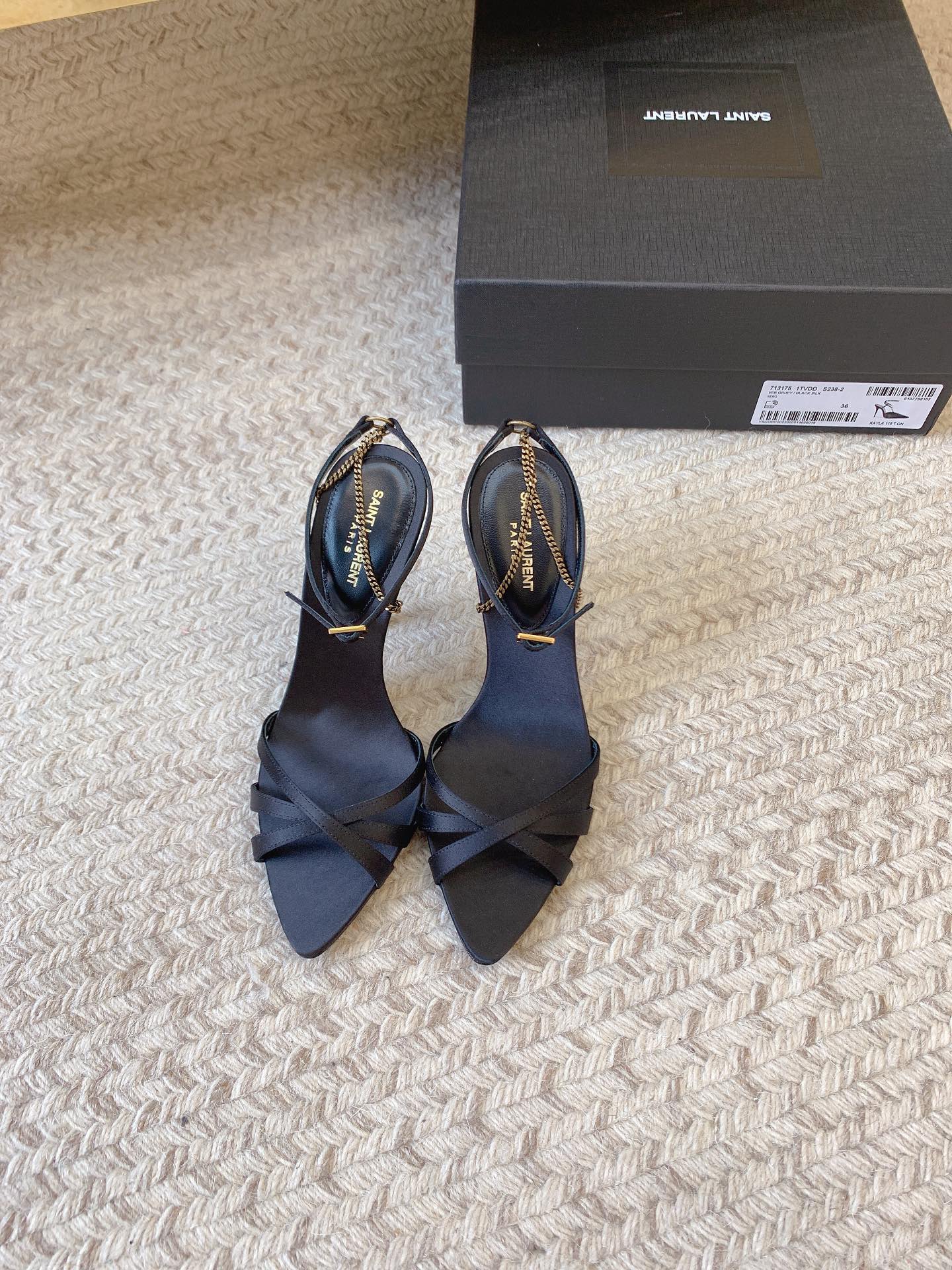 CROSS STRAP HIGH HEEL IN BLACK SILK GOLD CHAIN - 34