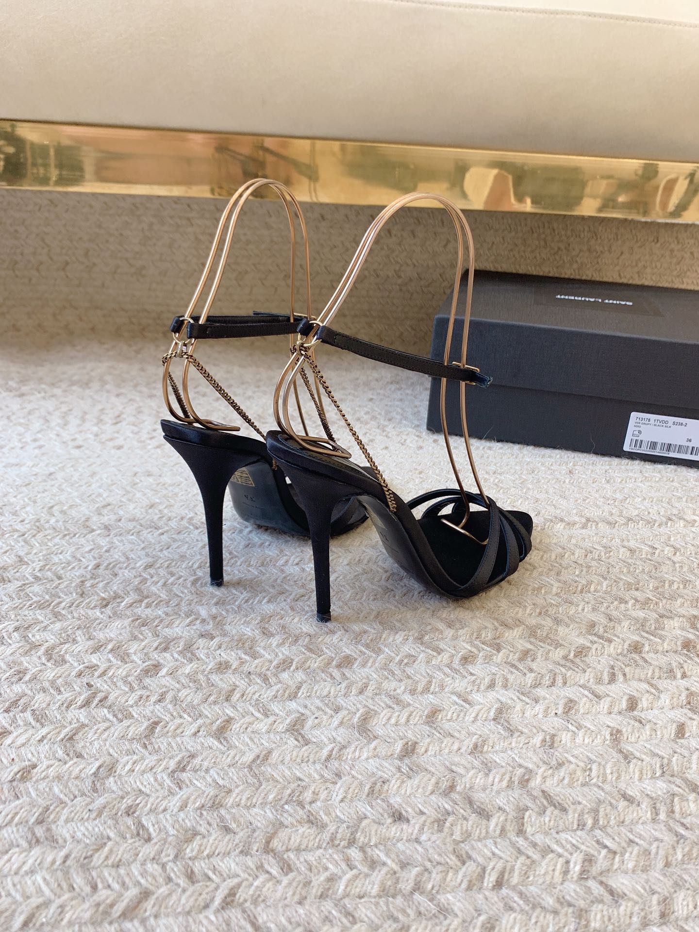 CROSS STRAP HIGH HEEL IN BLACK SILK GOLD CHAIN - 34