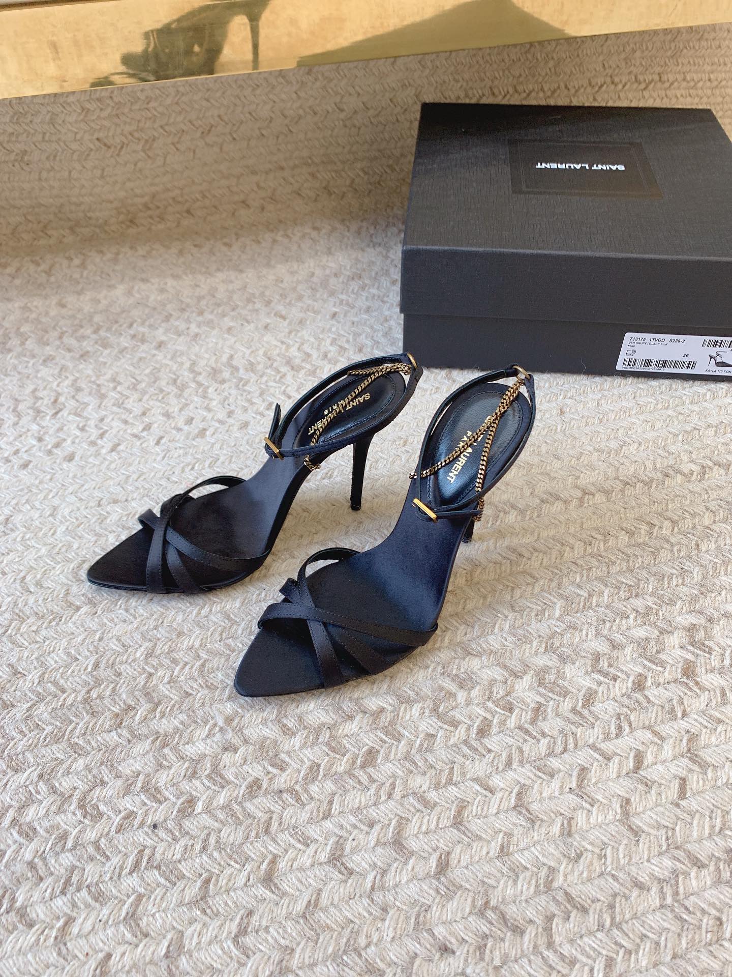 CROSS STRAP HIGH HEEL IN BLACK SILK GOLD CHAIN - 34