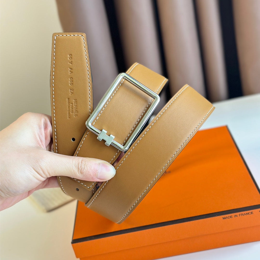 TUBE H BELT BUCKLE & REVERSIBLE PASTEL ORANGE AND BLACK LEATHER STRAP 38MM SILVER HARDWARE - 30