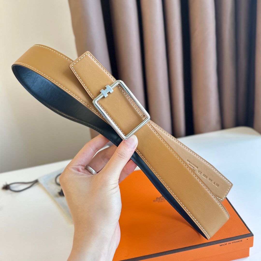TUBE H BELT BUCKLE & REVERSIBLE PASTEL ORANGE AND BLACK LEATHER STRAP 38MM SILVER HARDWARE - 30