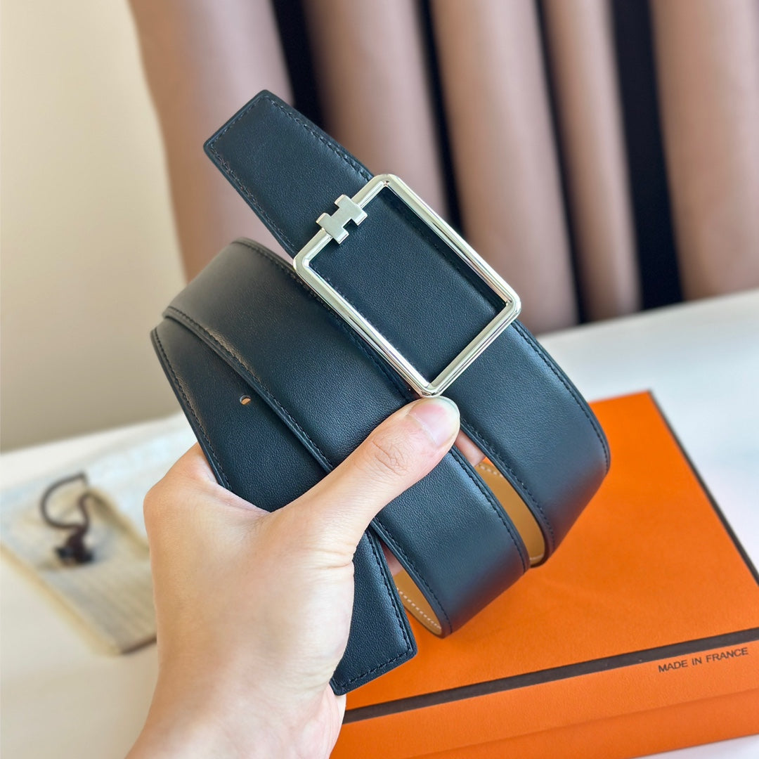 TUBE H BELT BUCKLE & REVERSIBLE PASTEL ORANGE AND BLACK LEATHER STRAP 38MM SILVER HARDWARE - 30