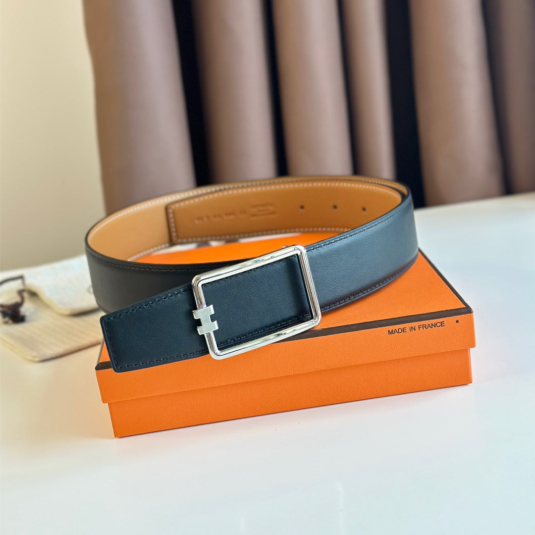 TUBE H BELT BUCKLE & REVERSIBLE PASTEL ORANGE AND BLACK LEATHER STRAP 38MM SILVER HARDWARE - 30