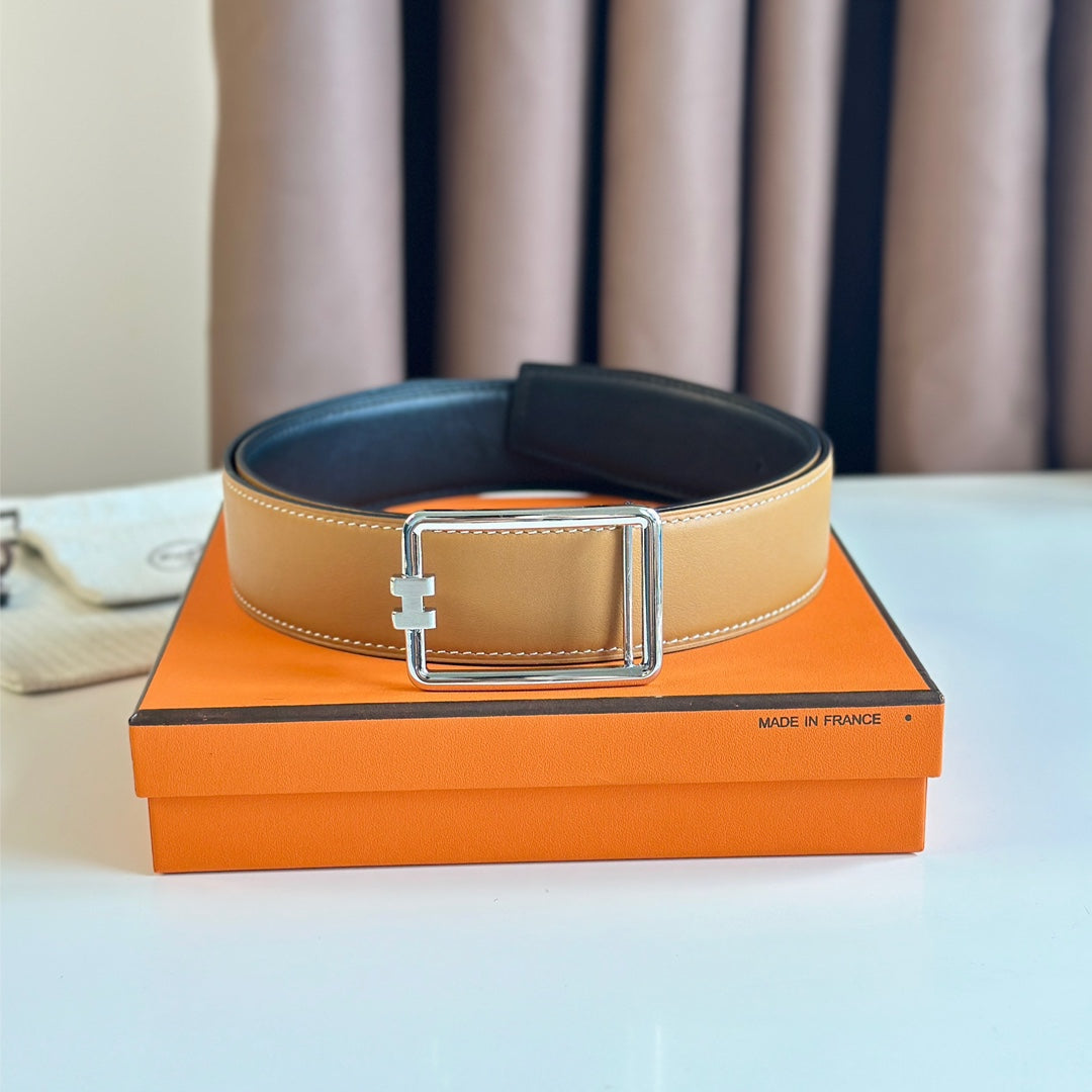 TUBE H BELT BUCKLE & REVERSIBLE PASTEL ORANGE AND BLACK LEATHER STRAP 38MM SILVER HARDWARE - 30