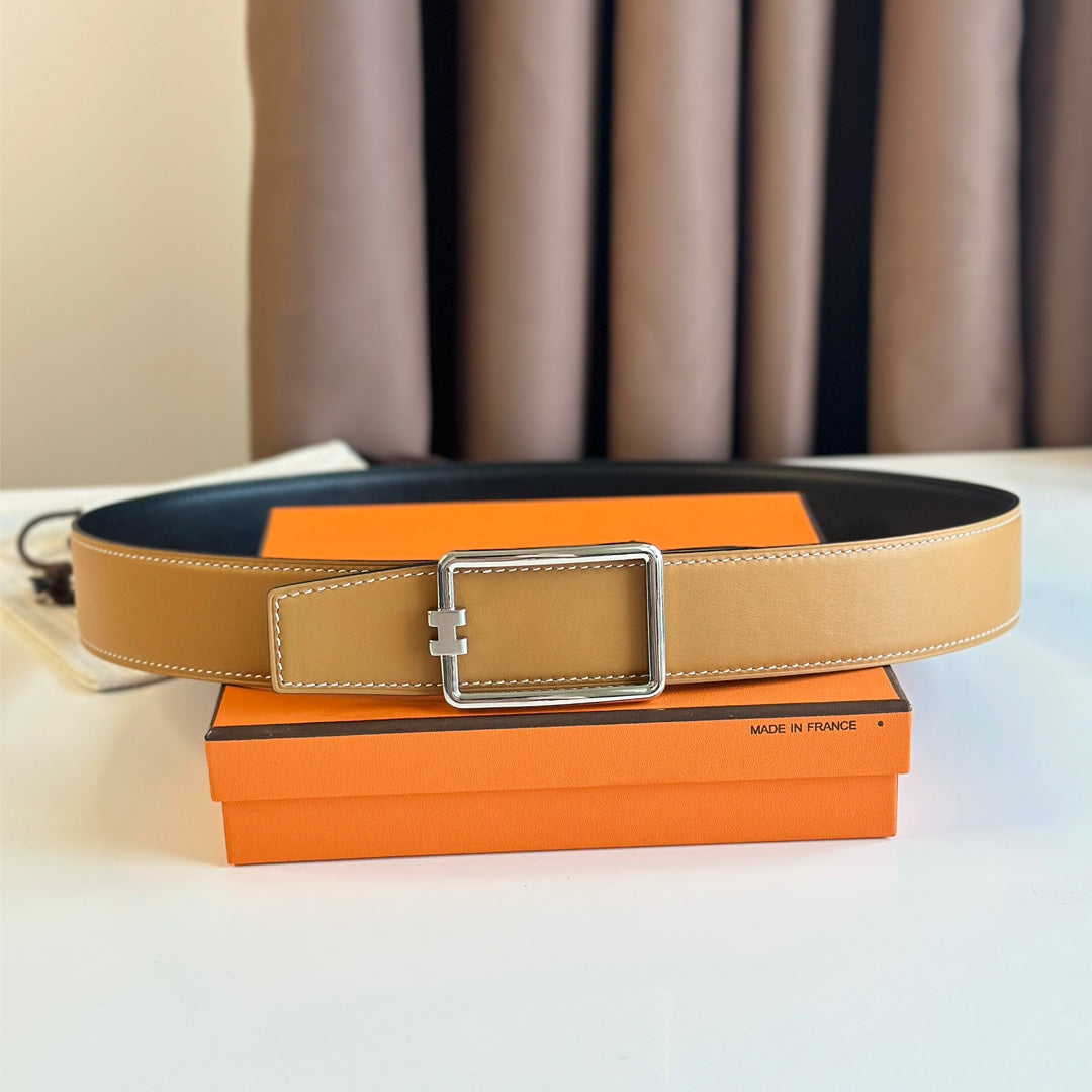 TUBE H BELT BUCKLE & REVERSIBLE PASTEL ORANGE AND BLACK LEATHER STRAP 38MM SILVER HARDWARE - 30