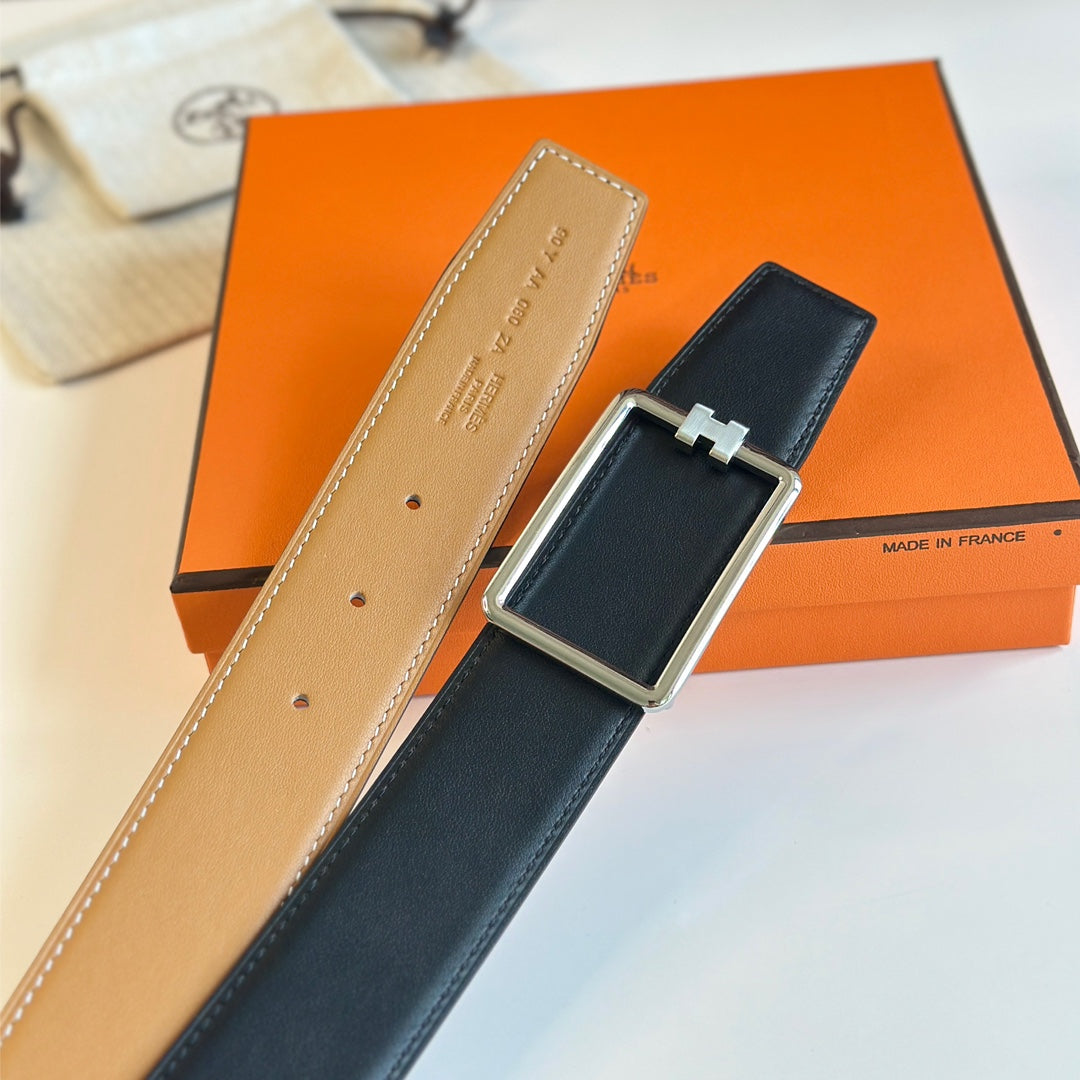 TUBE H BELT BUCKLE & REVERSIBLE PASTEL ORANGE AND BLACK LEATHER STRAP 38MM SILVER HARDWARE - 30