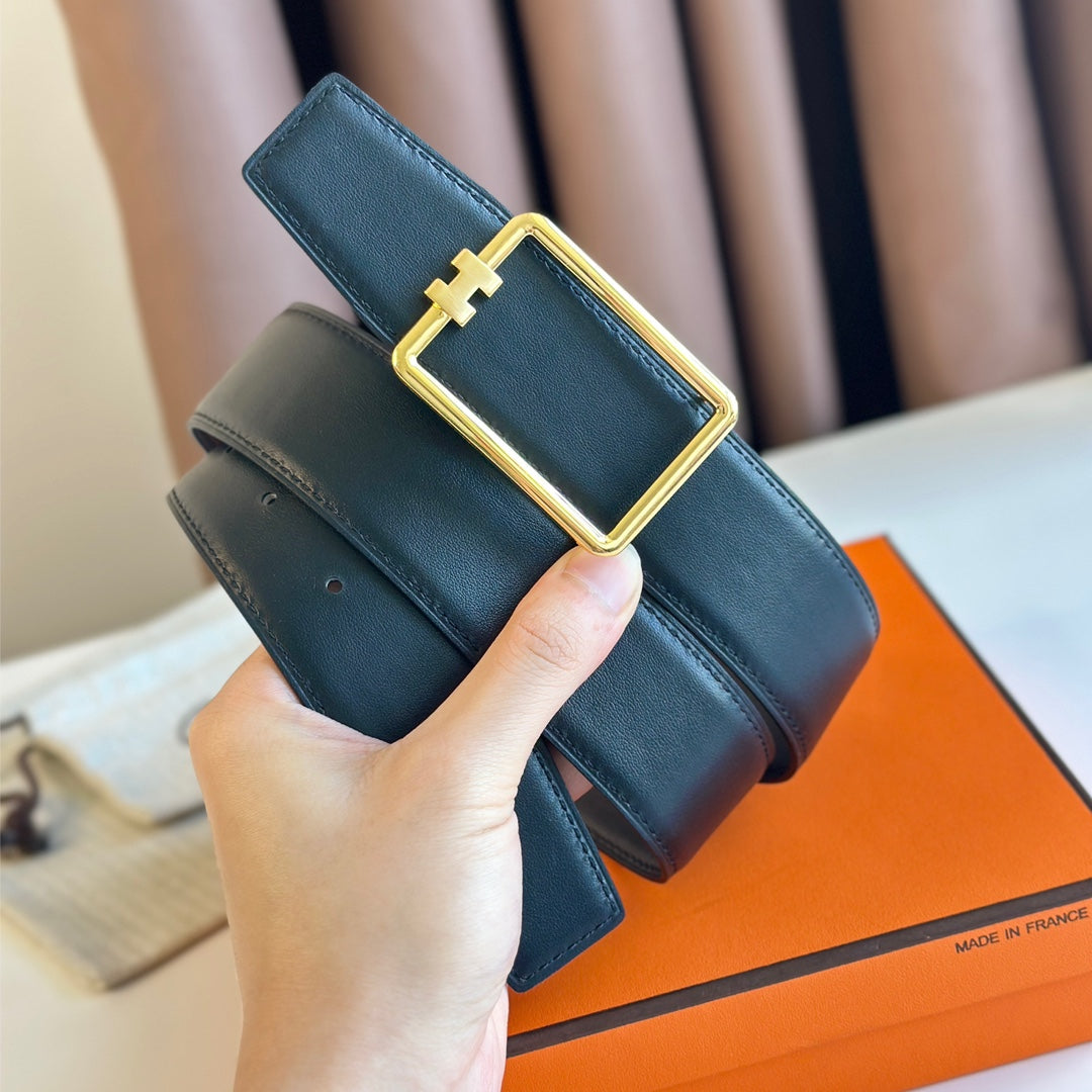 TUBE H BELT BUCKLE & REVERSIBLE BLACK LEATHER STRAP 38MM GOLD HARDWARE - 30