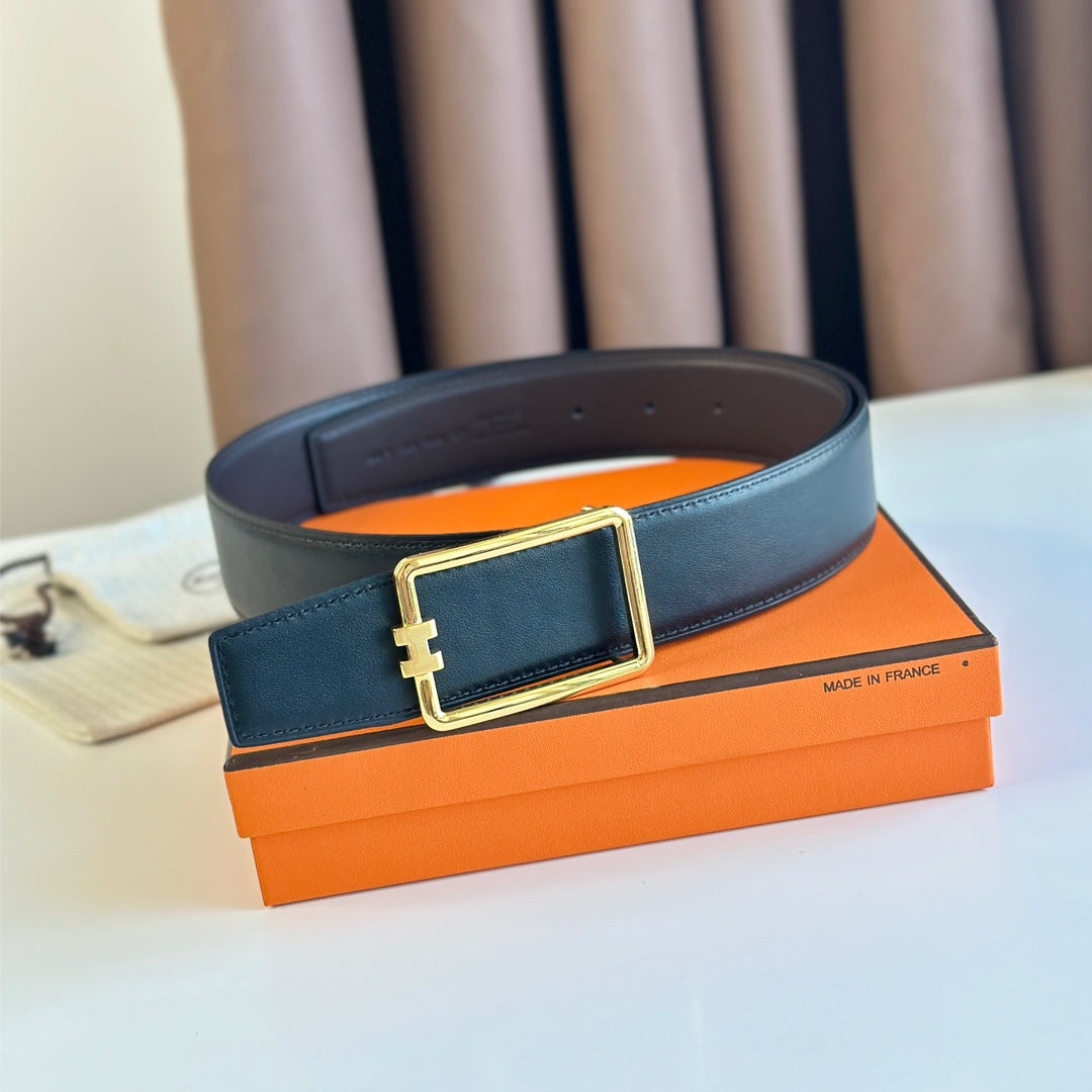 TUBE H BELT BUCKLE & REVERSIBLE BLACK LEATHER STRAP 38MM GOLD HARDWARE - 30