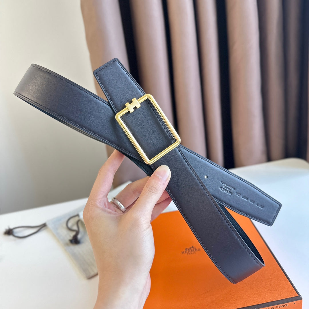 TUBE H BELT BUCKLE & REVERSIBLE BLACK LEATHER STRAP 38MM GOLD HARDWARE - 30
