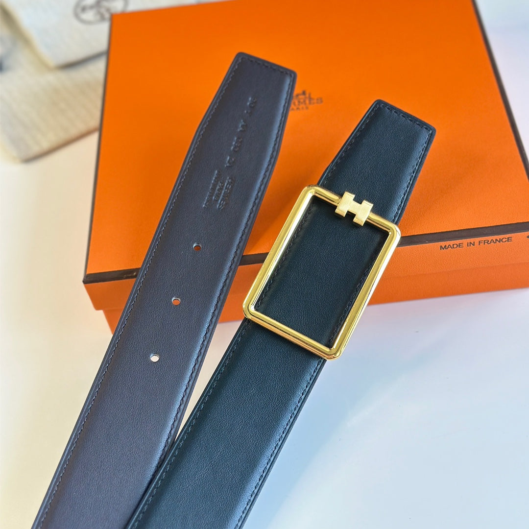 TUBE H BELT BUCKLE & REVERSIBLE BLACK LEATHER STRAP 38MM GOLD HARDWARE - 30