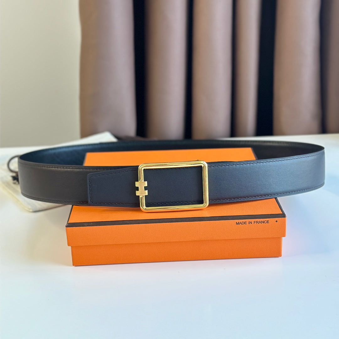 TUBE H BELT BUCKLE & REVERSIBLE BLACK LEATHER STRAP 38MM GOLD HARDWARE - 30