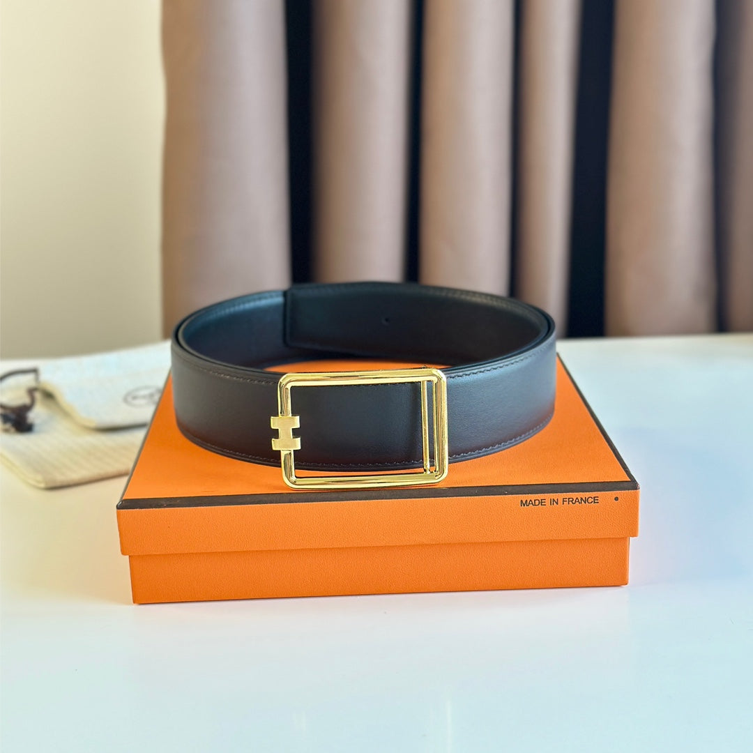 TUBE H BELT BUCKLE & REVERSIBLE BLACK LEATHER STRAP 38MM GOLD HARDWARE - 30