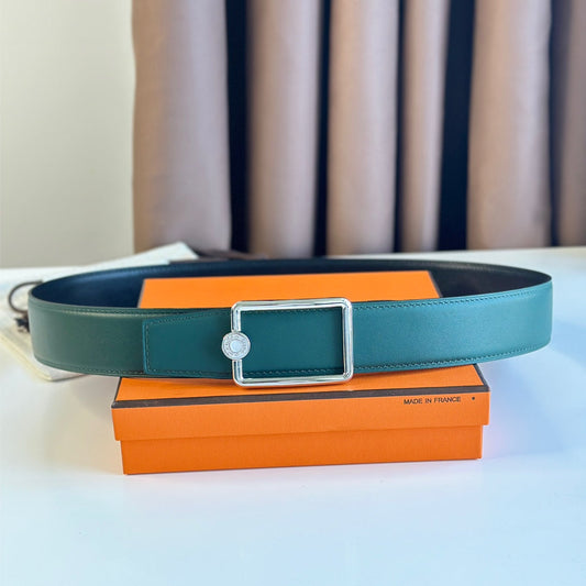 TUBE H BELT BUCKLE & REVERSIBLE TEAL GREEN AND BLACK LEATHER STRAP 38MM SILVER HARDWARE - 30