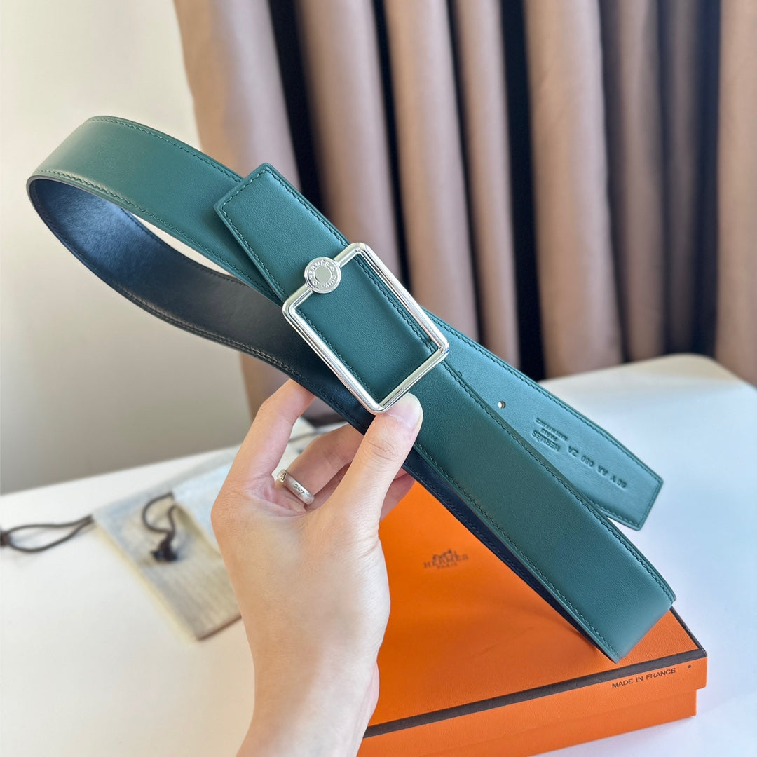 TUBE H BELT BUCKLE & REVERSIBLE TEAL GREEN AND BLACK LEATHER STRAP 38MM SILVER HARDWARE - 30
