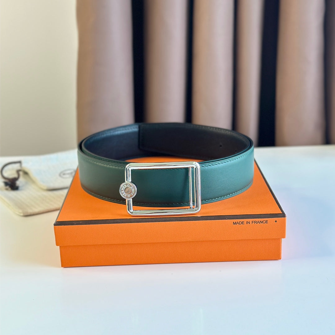 TUBE H BELT BUCKLE & REVERSIBLE TEAL GREEN AND BLACK LEATHER STRAP 38MM SILVER HARDWARE - 30