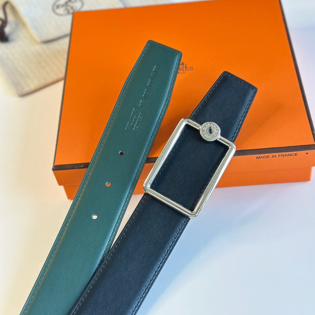 TUBE H BELT BUCKLE & REVERSIBLE TEAL GREEN AND BLACK LEATHER STRAP 38MM SILVER HARDWARE - 30