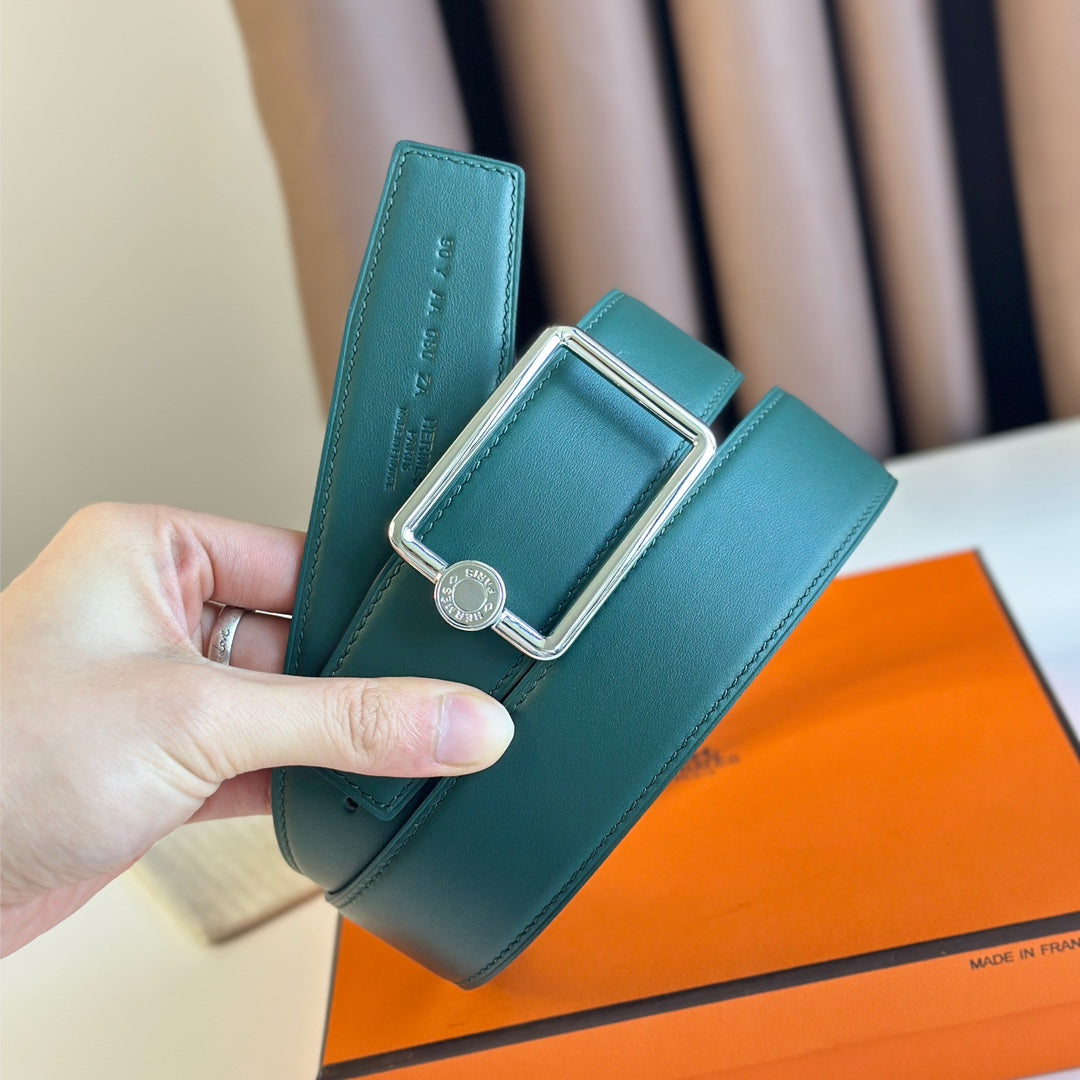 TUBE H BELT BUCKLE & REVERSIBLE TEAL GREEN AND BLACK LEATHER STRAP 38MM SILVER HARDWARE - 30