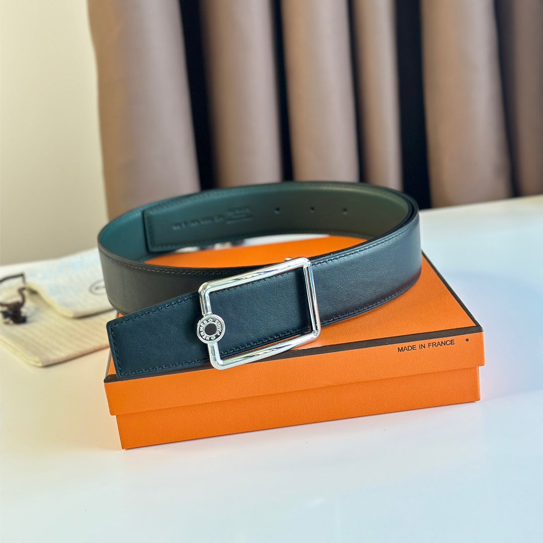 TUBE H BELT BUCKLE & REVERSIBLE TEAL GREEN AND BLACK LEATHER STRAP 38MM SILVER HARDWARE - 30