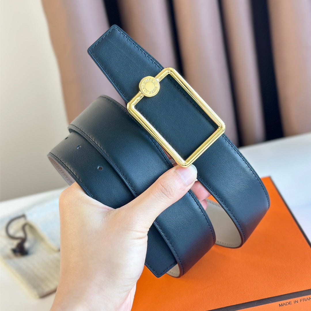 TUBE H BELT BUCKLE & REVERSIBLE KHAKI BROWN AND BLACK LEATHER STRAP 38MM GOLD HARDWARE - 30
