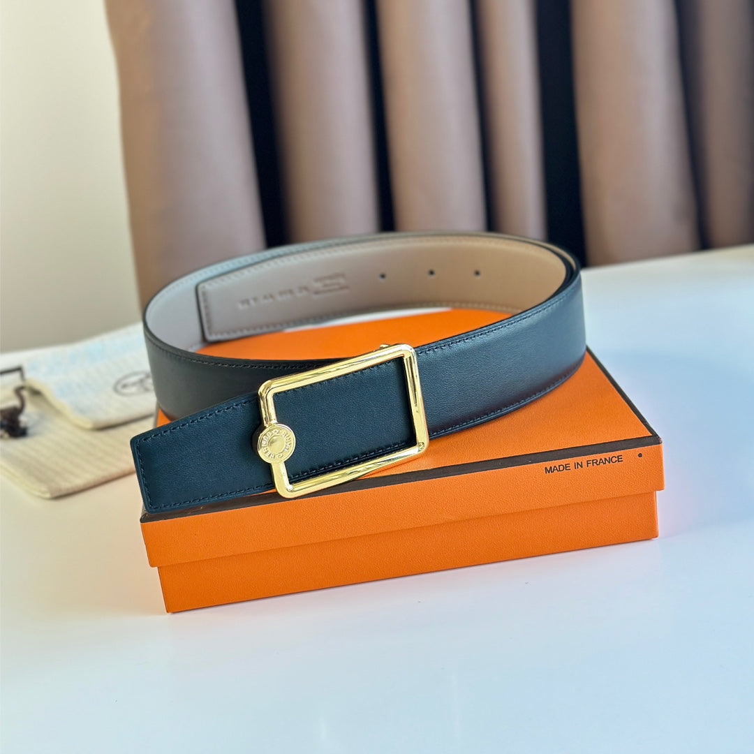 TUBE H BELT BUCKLE & REVERSIBLE KHAKI BROWN AND BLACK LEATHER STRAP 38MM GOLD HARDWARE - 30