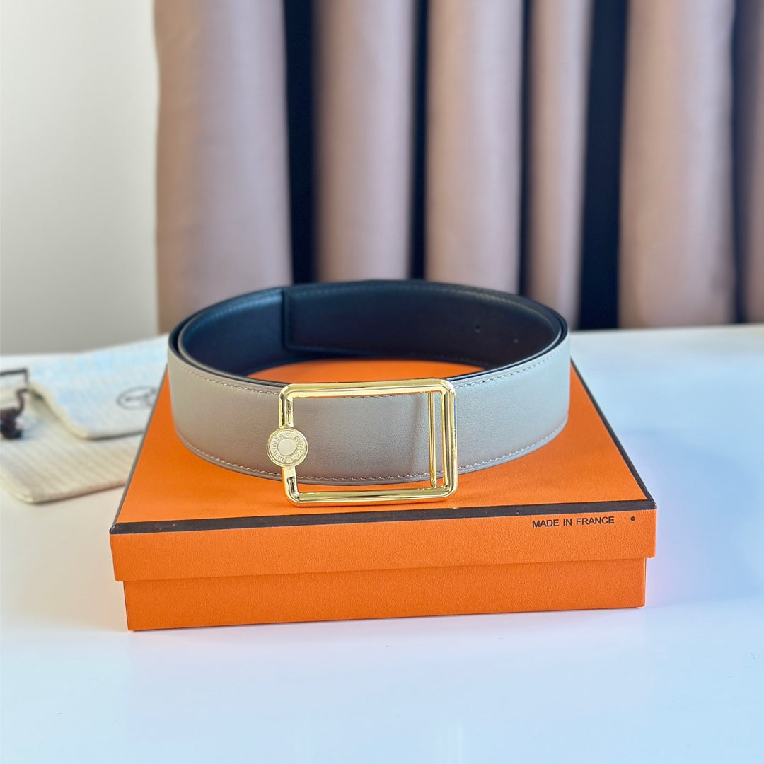 TUBE H BELT BUCKLE & REVERSIBLE KHAKI BROWN AND BLACK LEATHER STRAP 38MM GOLD HARDWARE - 30