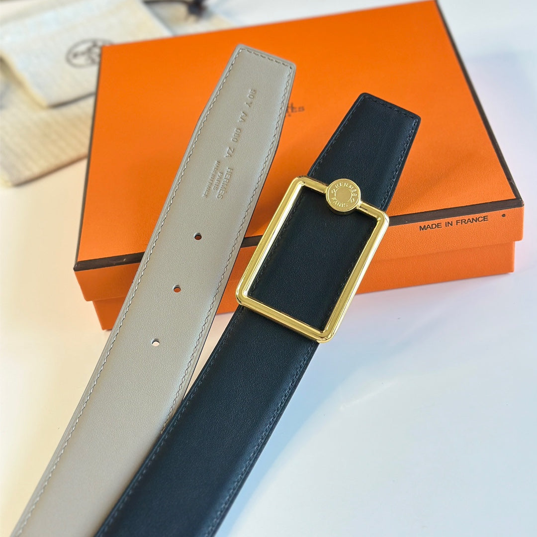 TUBE H BELT BUCKLE & REVERSIBLE KHAKI BROWN AND BLACK LEATHER STRAP 38MM GOLD HARDWARE - 30
