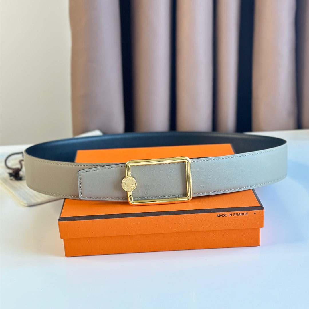 TUBE H BELT BUCKLE & REVERSIBLE KHAKI BROWN AND BLACK LEATHER STRAP 38MM GOLD HARDWARE - 30