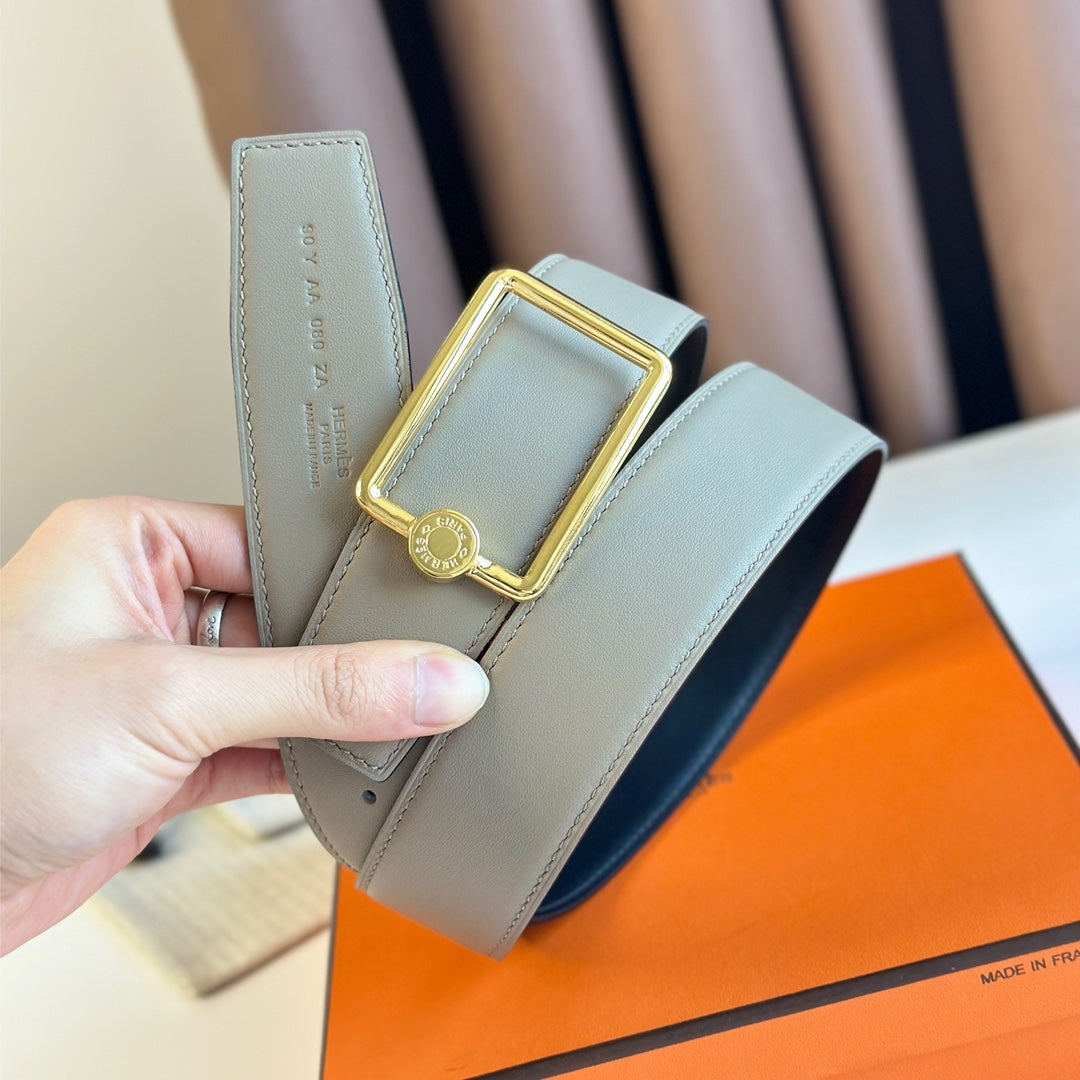 TUBE H BELT BUCKLE & REVERSIBLE KHAKI BROWN AND BLACK LEATHER STRAP 38MM GOLD HARDWARE - 30