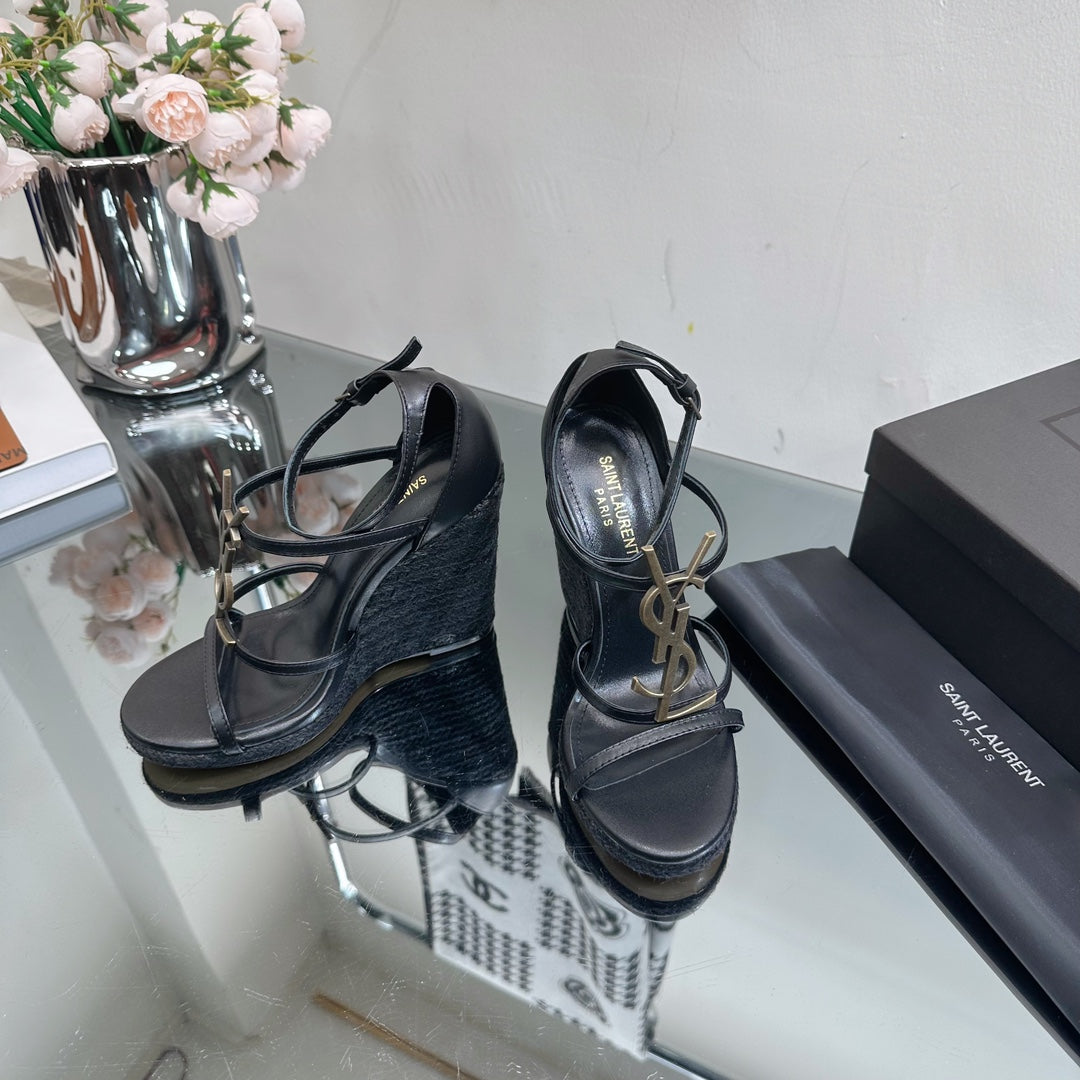 SL CASSANDRA WEDGE ESPADRILLES BLACK CALFSKIN - 35