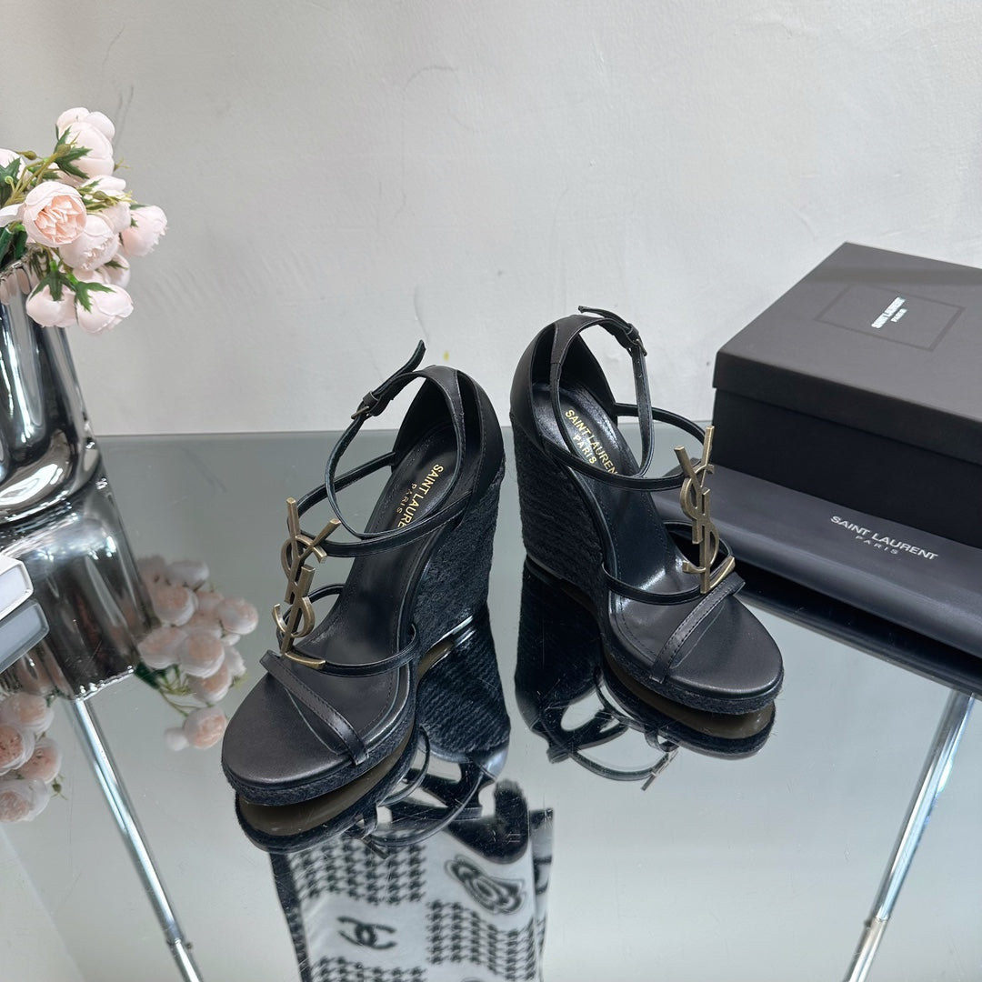 SL CASSANDRA WEDGE ESPADRILLES BLACK CALFSKIN - 35