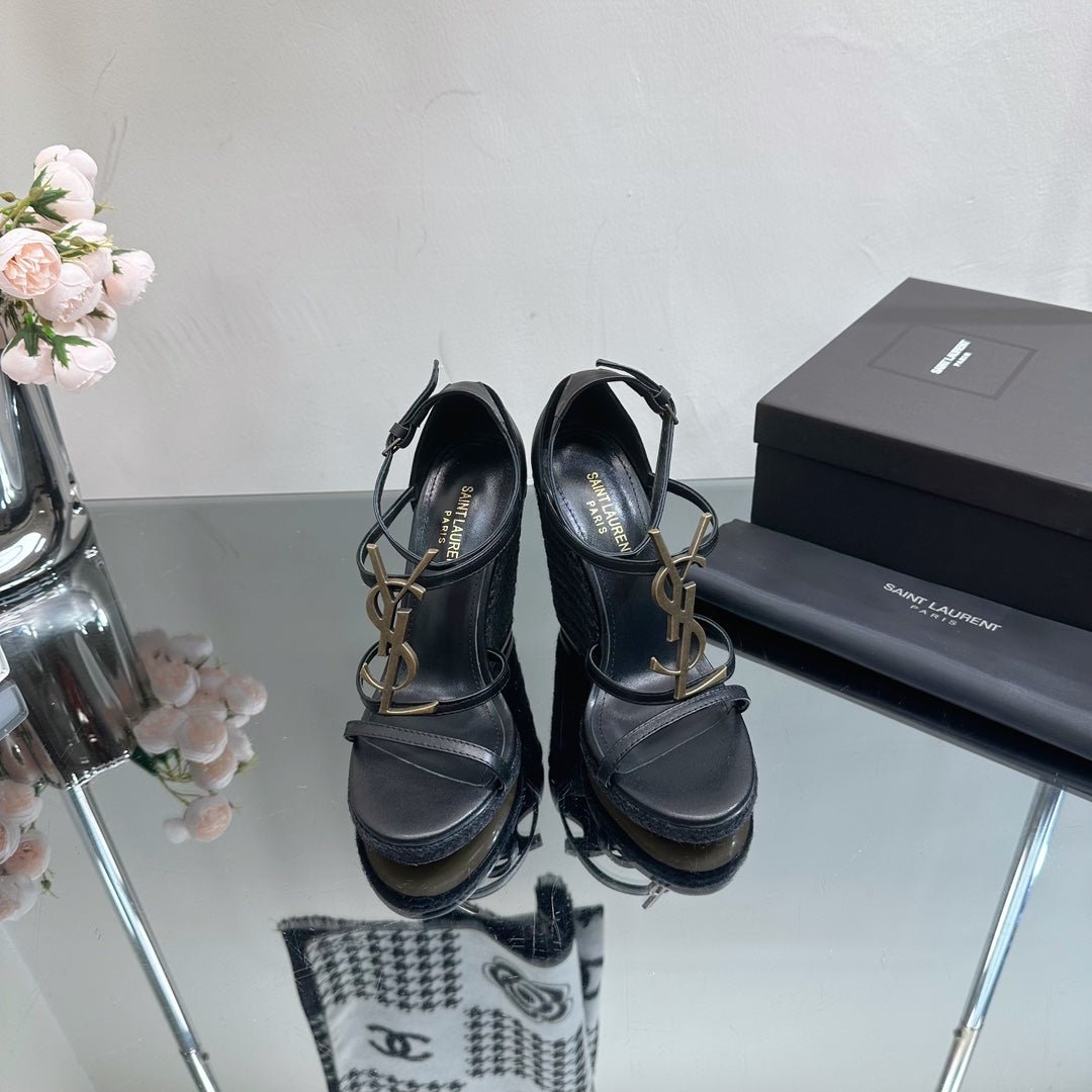 SL CASSANDRA WEDGE ESPADRILLES BLACK CALFSKIN - 35